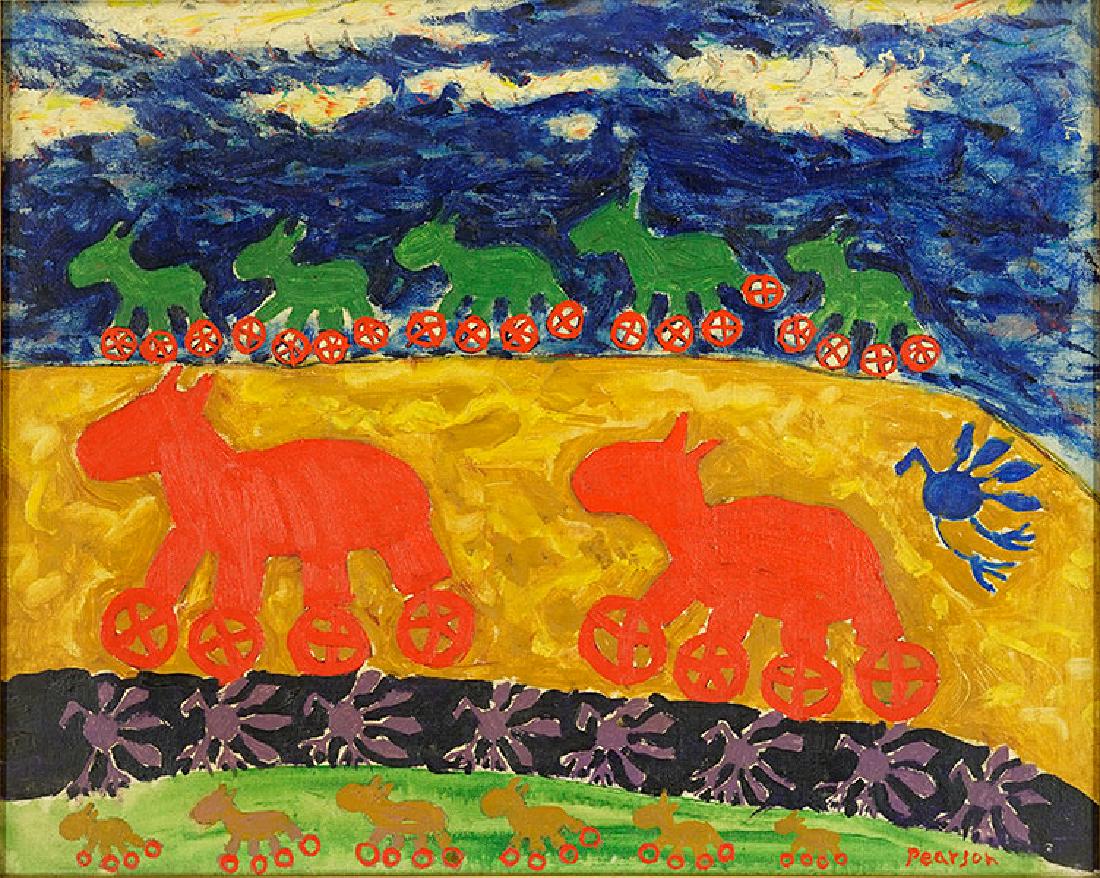 Dennis Pearson (B. 1939) Beastie.: Dennis Pearson (B. 1939) Beastie. Oil on canvas. Signed "Pearson" in lower right corner. Additionally signed and dated "D. Pearson 1966" on the stretcher Canvas: 17" x 21"