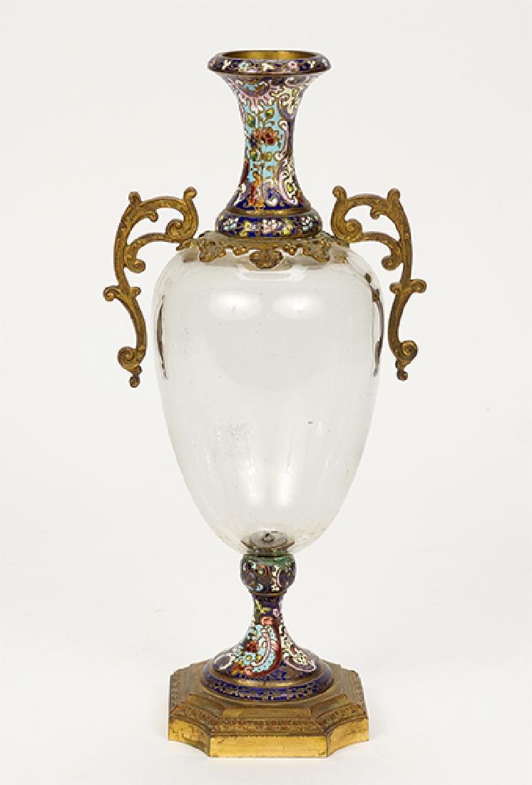 A Bronze Mounted Crystal Urn.: A Bronze Mounted Crystal Urn. Champleve enamel decorated baluster bronze mounted crystal urn 11.5"