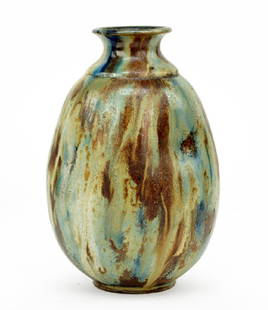 Roger Guerin (Belgian, 1896-1954) A Vase.: Roger Guerin (Belgian, 1896-1954) A Vase. Glazed ceramic vase with a bulbous lower half and four dimples beneath a flared opening. Underside is signed and numbered "9IIC Guerin" Height: 9.5"