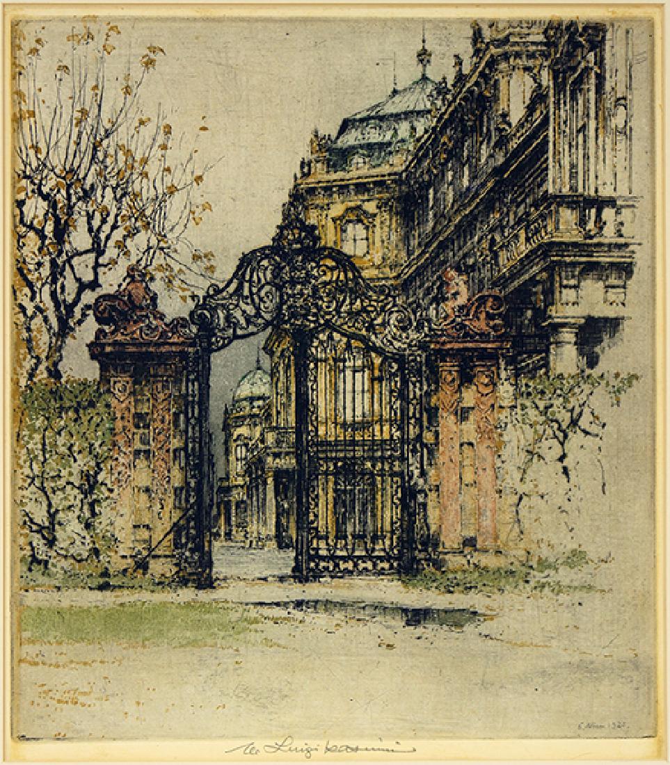 Luigi Kasimir (Austrian, 1881-1962) The Gateway.: Luigi Kasimir (Austrian, 1881-1962) The Gateway. Etching with aquatint, dated '6 Nov 1923' in the plate lower right, pencil signed by the estate lower center 13" x 11.5" Frame: 19.75" x 17.5"