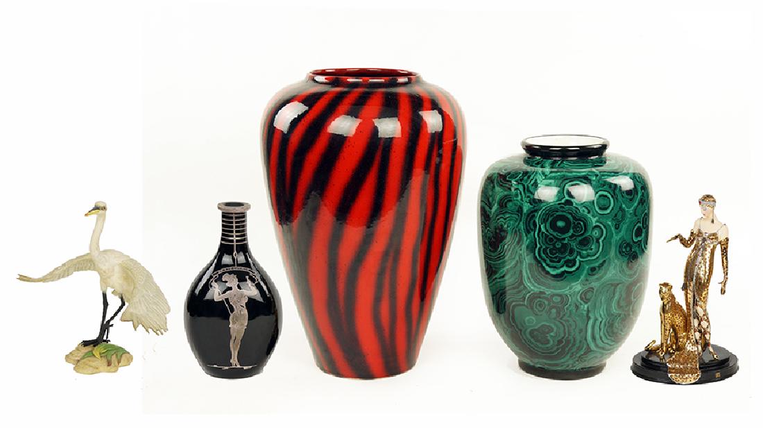 A Collection Of Decorative Items.: A Collection Of Decorative Items. Comprising a House of Erte porcelain ocelot sculpture, a Boehm porcelain white egret sculpture, a San Marco porcelain vase with printed malachite decoration, an Itali
