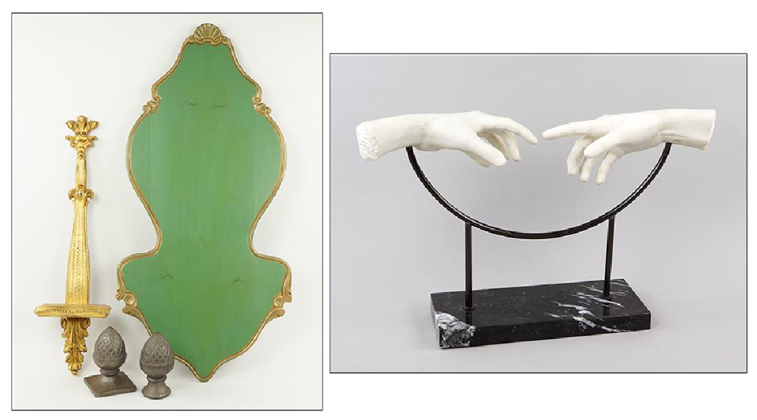 A Collection Of Decorative Objects.: A Collection Of Decorative Objects. Comprising a gilt composite wall bracket, a wooden wall mount for a lavabo (without lavabo), two iron finial form decorative objects, and a composite Italian sculpt