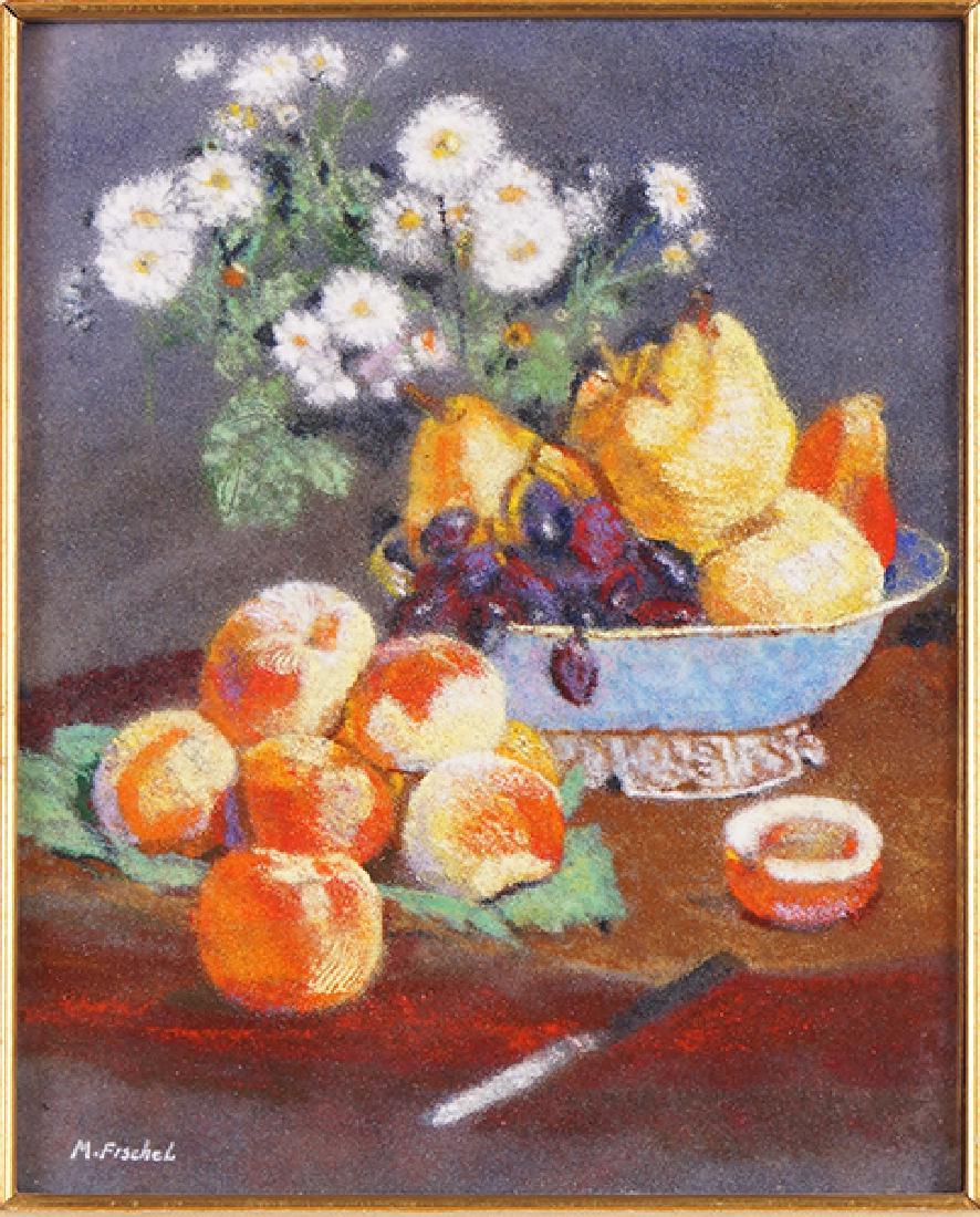 M. Fischel (American, 20th Century) Still Life.: M. Fischel (American, 20th Century) Still Life. Enamel plaque, signed lower left 10" x 8" Frame: 17" x 15.25"