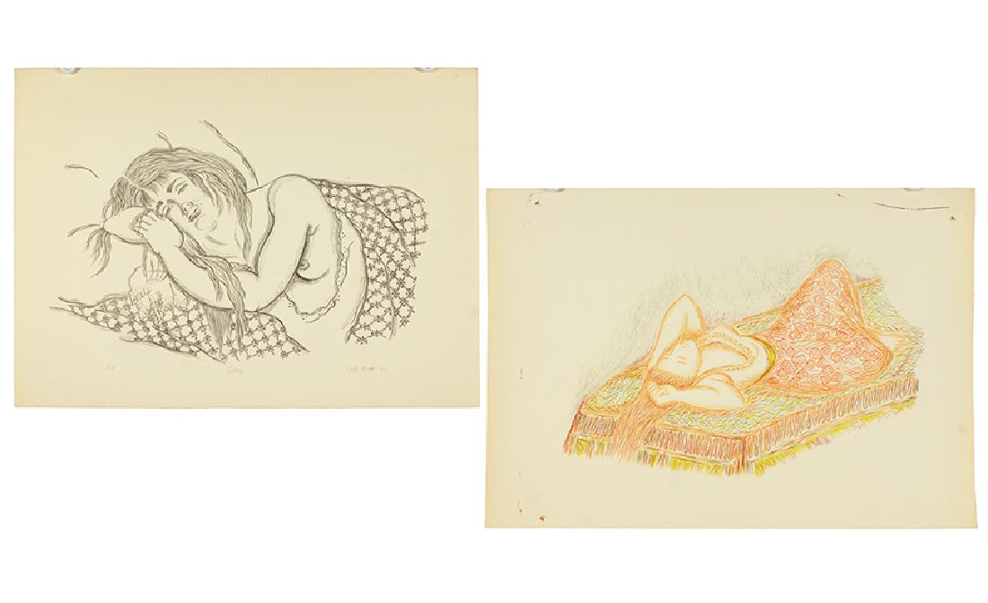 Fritzi Brod (American, 1900-1952) Asleep.: Fritzi Brod (American, 1900-1952) Asleep. Lithograph, pencil signed lower right, dated '40, titled, and numbered 3/10. Together with 'Reclining Girl' a color lithograph by Brod, unsigned and unframed 