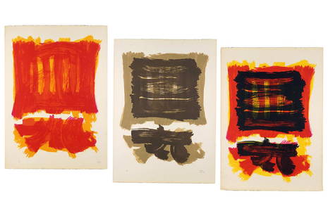 Ronaldo de Juan (Argentinian-American, 1931-1989): Ronaldo de Juan (Argentinian-American, 1931-1989) Untitled. Color lithograph; three states and color variants of the same print, two pencil signed lower right, dated 'N. York 1975' and numbered 13/20