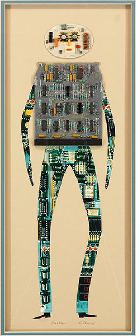 Harris G. Strong (American, 1920-2006) Hacker.: Harris G. Strong (American, 1920-2006) Hacker. Mixed media with paper and computer parts, pencil titled and signed at bottom, with the artist's label en verso Sight: 23" x 9" Frame: 13.5" x 17"