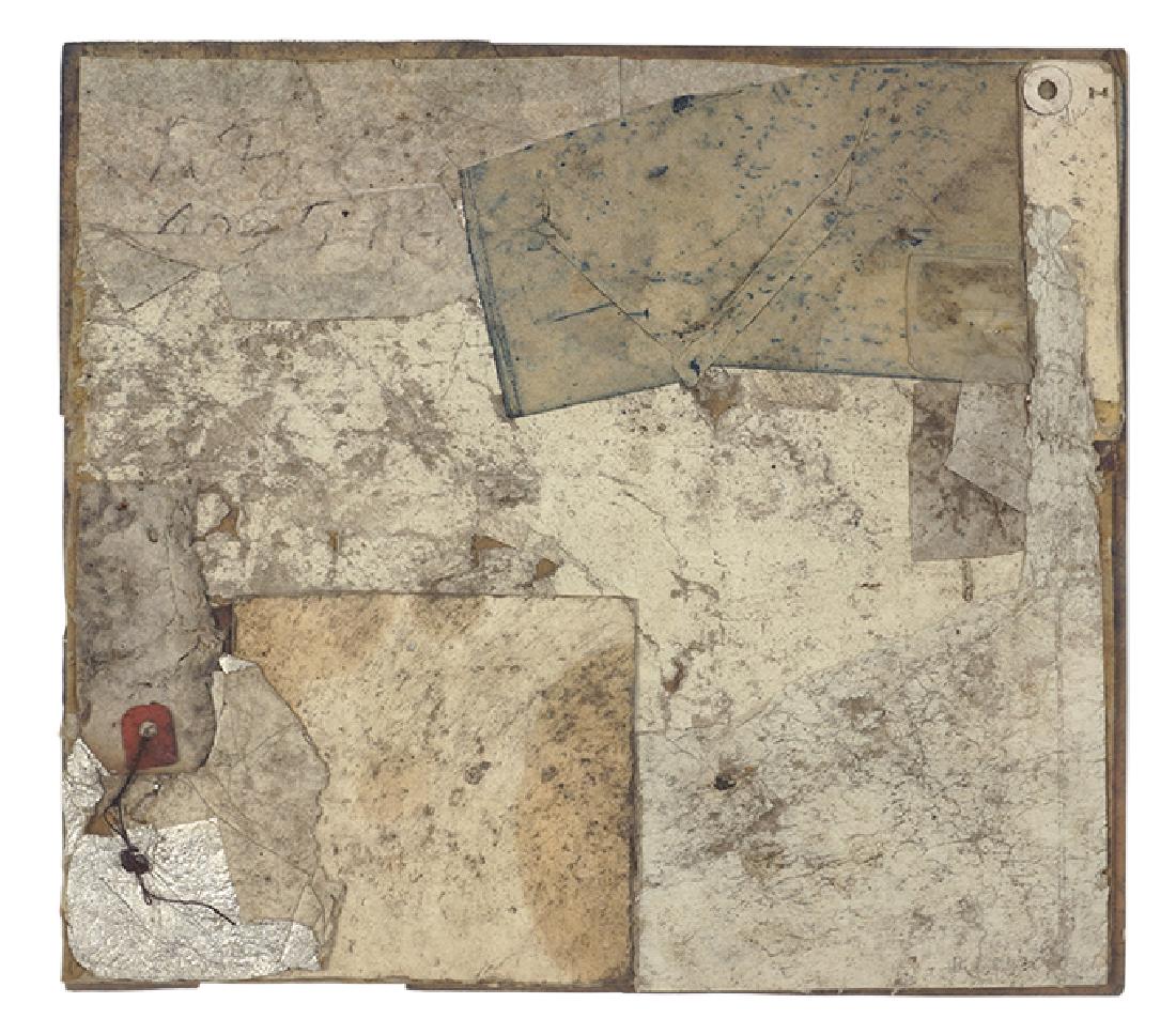 Robert Nickle (American, 1919-1980) Untitled.: Robert Nickle (American, 1919-1980) Untitled. Collage, signed lower right; with artist's photo en verso, signed, dated 1978, and 'framed 1979', in the artist's frame 10.5" x 11.75" Frame: 20.75" x 22"