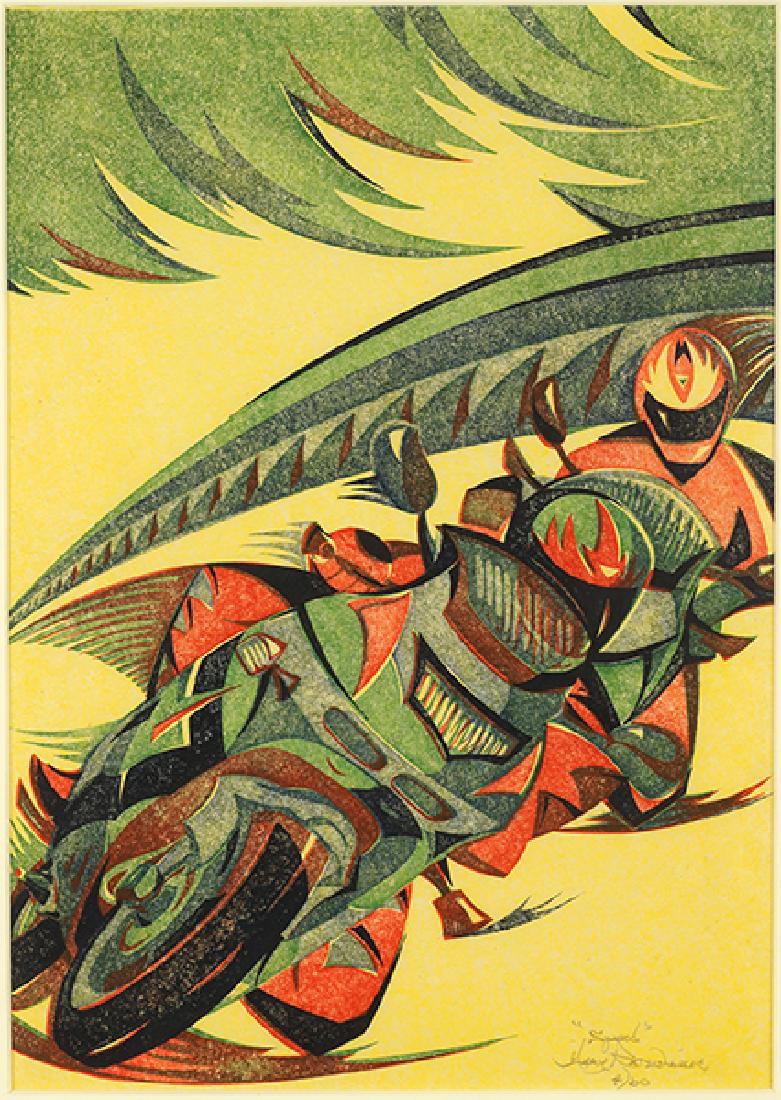 Gary Ratushniak (Canadian, B. 1958) Speed.: Gary Ratushniak (Canadian, B. 1958) Speed. Color linocut dated to 1994, pencil signed lower right, titled, and numbered 4/60, printed on Japan paper with full margins, sheet measures 18" x 12.5" 15" x
