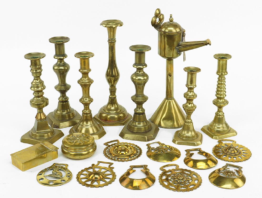 A Collection Of Brass Decorative Objects.: A Collection Of Brass Decorative Objects. Comprising seven candlesticks, a wall mounted oil lamp, two boxes, and nine horse bridals Lamp Height: 11.5"