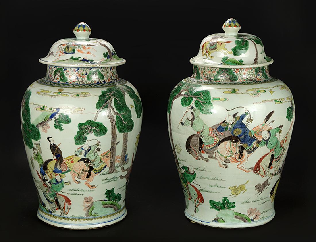 A Pair of Chinese Famille Verte Porcelain Covered Jars. (1 of 20)