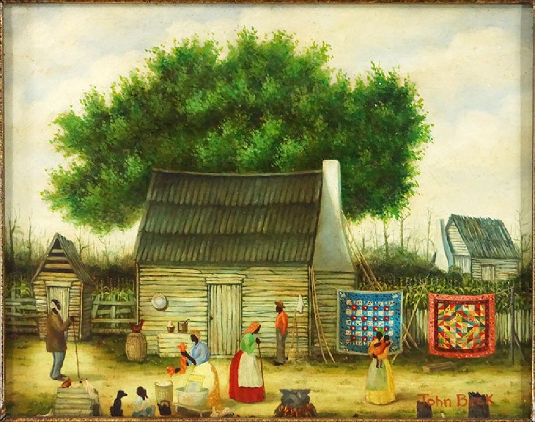 John Beck (20th Century) Haitian Village Scene.: John Beck (20th Century) Haitian Village Scene. Oil on board. Signed lower right 'John Beck' Sight: 7.5'' x 9.5'' Frame: 20.5'' x 23''