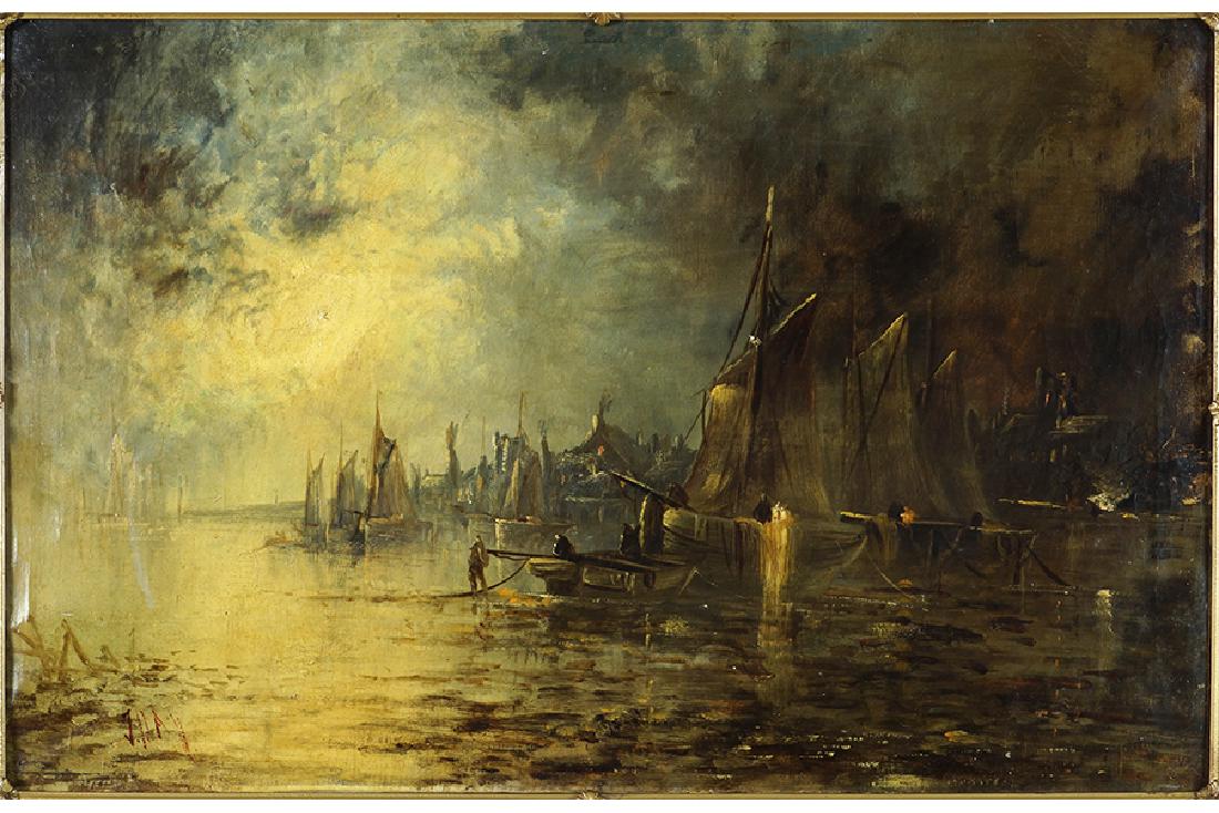 J. Hay (British, 19th Century) Harbor by Moonlight.: J. Hay (British, 19th Century) Harbor by Moonlight. Oil on canvas, signed lower left Canvas: 18" x 28" Frame: 25" x 35"