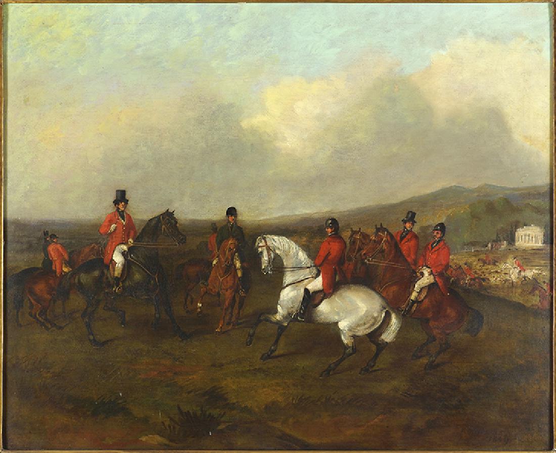Richard Dodd Widdas (British, 1826-1885) Sir Mark Sykes: Richard Dodd Widdas (British, 1826-1885) Sir Mark Sykes and Members of Hunt Meet at Sledmere, 1849. Oil on canvas, signed lower right and dated 1849 24.25" x 29.5" Frame: 29.25" x 34.5"