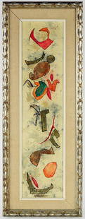 Ellwood Graham (American, 1911-2007) Amulets.: Ellwood Graham (American, 1911-2007) Amulets. Mixed media on masonite. Signed and titled en verso Frame: 28" x 11" Masonite: 24" x 6"