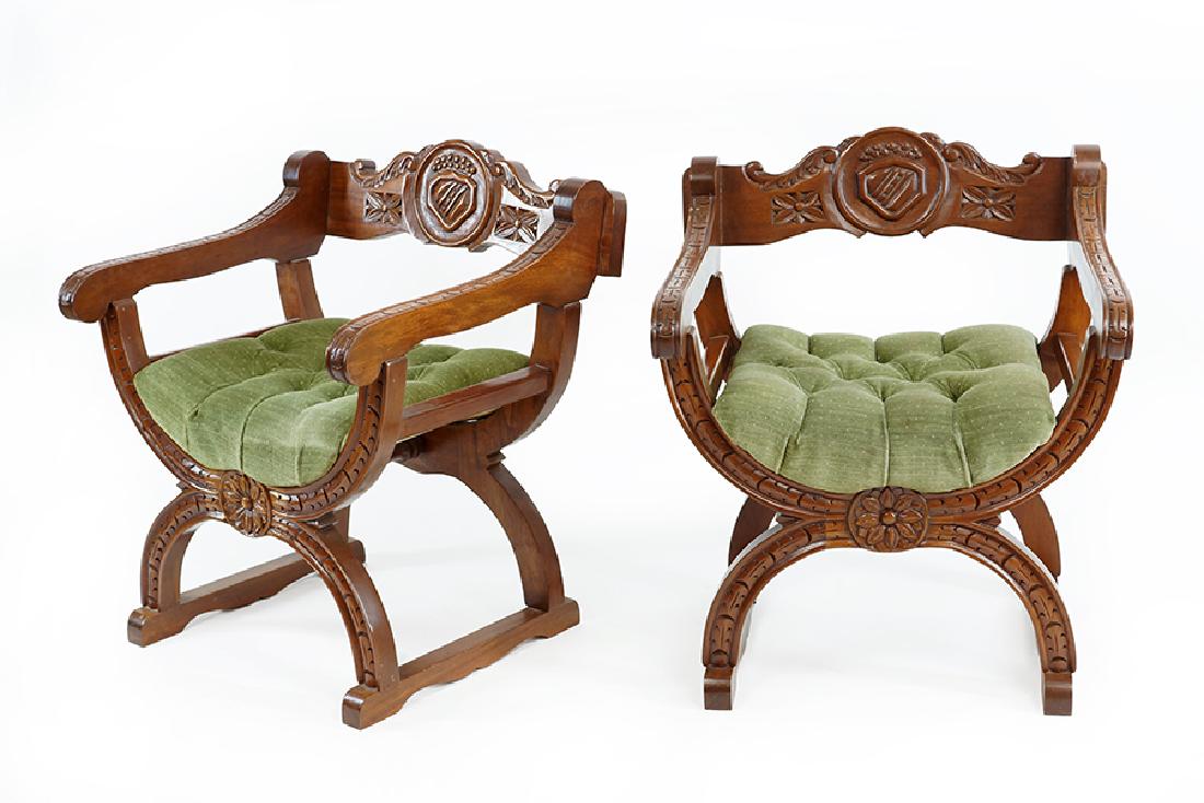 A Pair of Carved Walnut Savonarola Chairs. (1 of 1)