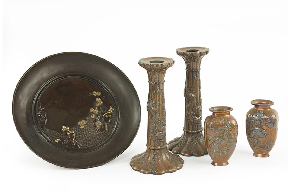 A Pair of Chinese Patinated Metal Candlesticks. (1 of 1)