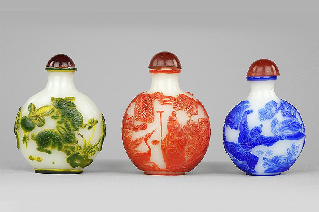 Three Chinese Peking Glass Snuff Bottles. (1 of 1)
