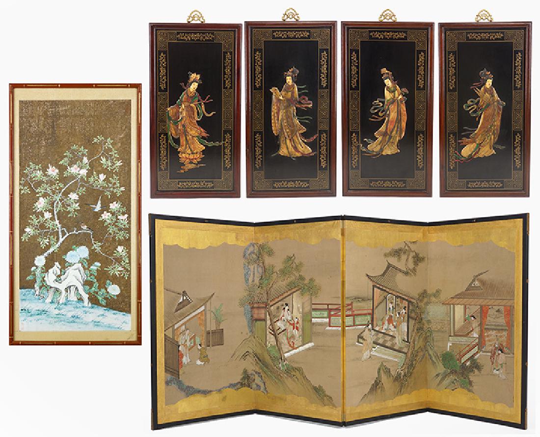 A Set of Chinese Hardwood Panels Depicting the Four: A Set of Chinese Hardwood Panels Depicting the Four Beauties. Bearing applied bone and resin (Each panel: 42" x 21.75" x 1.25"). Together with a Chinese four panel screen (each panel: 31.25" x 17.25")