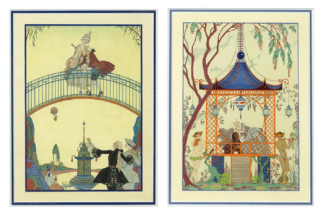 George Barbier (French, 1882-1932) Two Works.: George Barbier (French, 1882-1932) Two Works. 'Cythere' and 'A la Promenade', both lithographs with pochoir dated to 1928, from 'Fete Galantes' by Paul Verlaine, edition of 800. Provenance: Merrill Ch