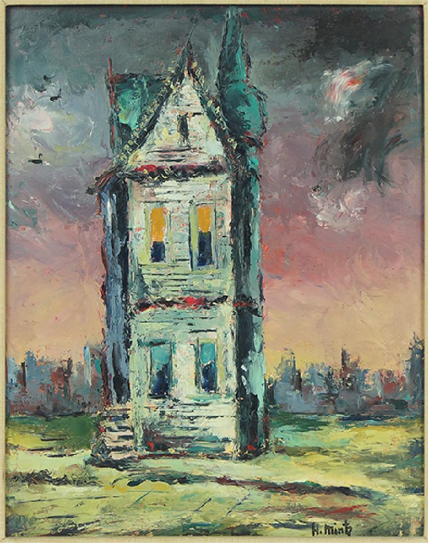 Harry Mintz (American, 1907-2002) Survivor.: Harry Mintz (American, 1907-2002) Survivor. Oil on board. Signed "H. Mintz" lower right, and titled en verso Frame: 24.5" x 21.5" Board: 15" x 12"