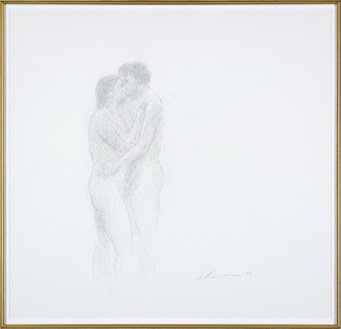 Harold Altman (American, 1924-2003) The Couple.: Harold Altman (American, 1924-2003) The Couple. Drawing, signed lower right and dated '93 Sight: 17.5" x 17.5", Frame: 29.5" x 29.5"