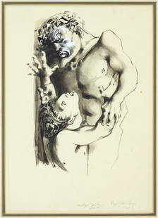 Michael Ayrton (British, 1921-1975) Hippolytus e: Michael Ayrton (British, 1921-1975) Hippolytus e Theseus, Version V. Ink and gouache drawing, signed lower center, dated June '64, and titled 13" x 9" Frame: 23.25" x 18.25"