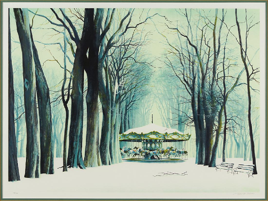Robert Addison (American, 1924-1988) Carousel in the: Robert Addison (American, 1924-1988) Carousel in the Snow. Color serigraph dated to 1984, from 'An American View', pencil signed lower right and numbered 145/150, printed by Superior Silkscreen, Chica