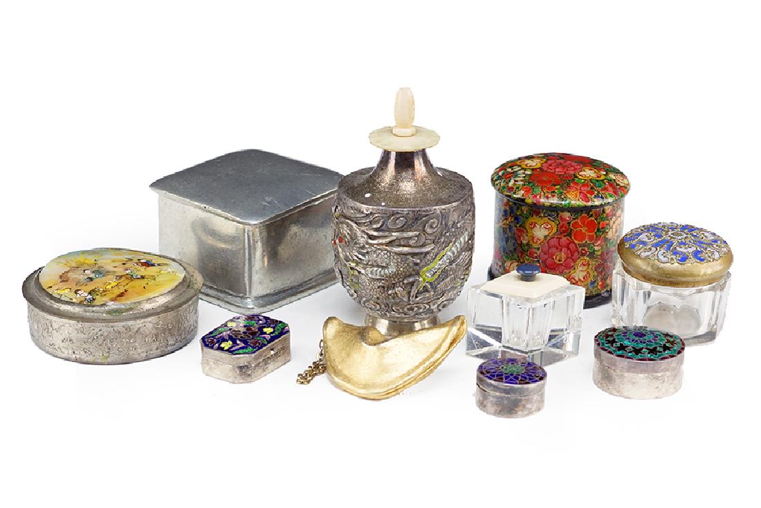 A Collection of Boxes.: A Collection of Boxes. Comprising an Italian pewter square box, an Indian painted papier mache stamp box, a Persian painted miniature mother of pearl box, a diamond shaped crystal box with bone cover,