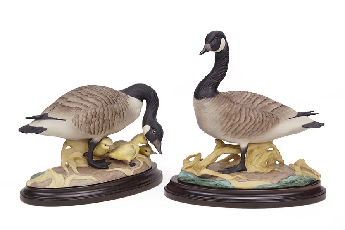 A Pair Of Boehm Porcelain Geese.: A Pair Of Boehm Porcelain Geese. Each titled "Canada Geese", and numbered 408, with porcelain bases. Provenance: Sold to benefit the Art Acquisition Fund at the Indianapolis Museum of Art at Newfields