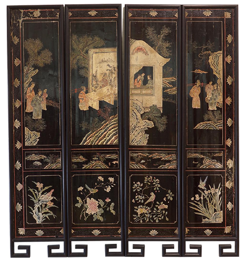 A Set of Four Chinese Lacquered Floor Screen Panels. (1 of 2)