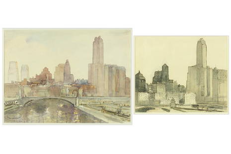 Donald Shaw MacLaughlan (Canadian, 1876-1938) Two: Donald Shaw MacLaughlan (Canadian, 1876-1938) Two Watercolors. 'Chicago River' and 'Wacker Drive, Chicago', the first with the artist's estate stamp, the second signed lower right and dated 1931 Large