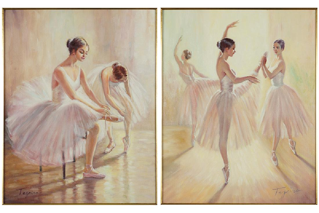 Manuel Tegeiro (Contemporary) Ballerinas.: Manuel Tegeiro (Contemporary) Ballerinas. Two oils on canvas, each signed lower left or right. Provenance: Centurion Galleries, Chicago Each: 20" x 16", Frame: 26" x 22"