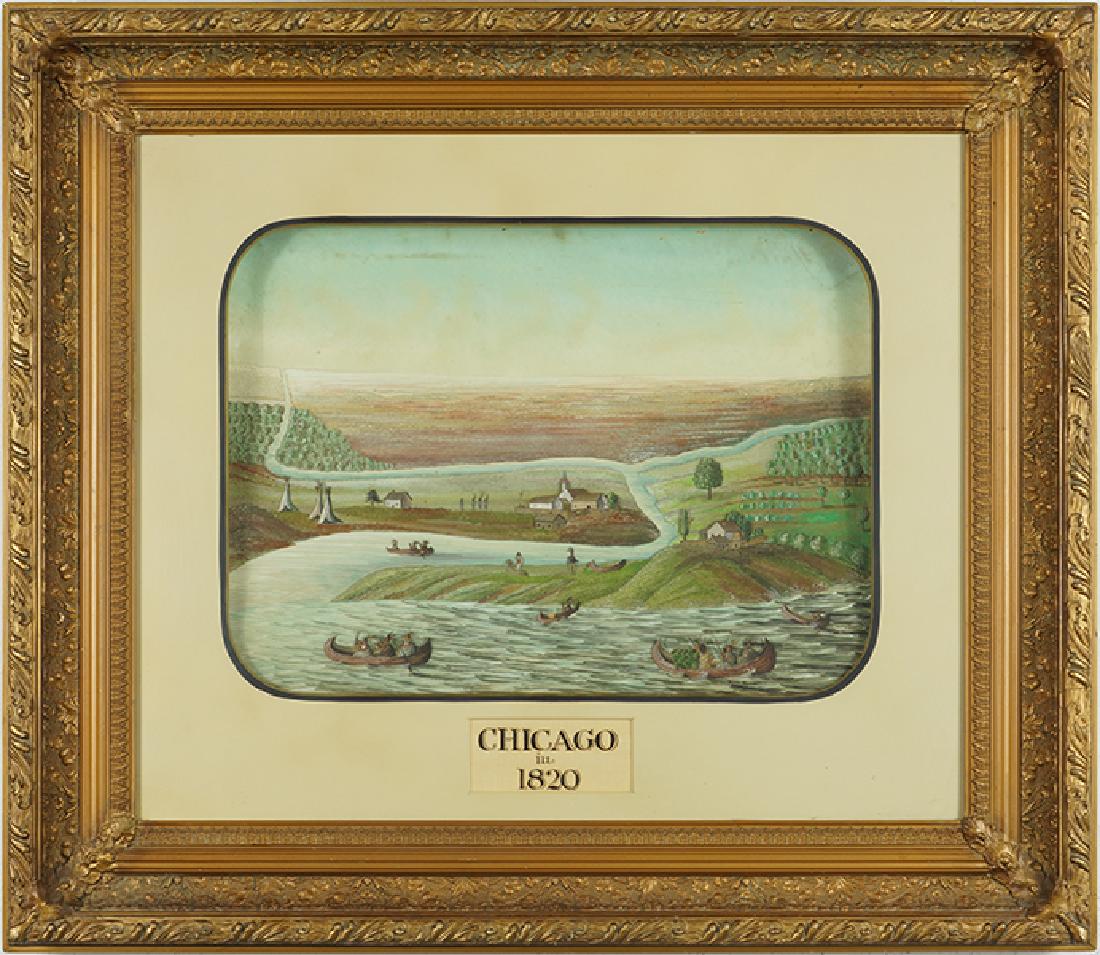 Artist Unknown (American, 20th Century) Chicago in: Artist Unknown (American, 20th Century) Chicago in 1820. Painted diorama 14.5" x 20" Frame: 29" x 33.25"