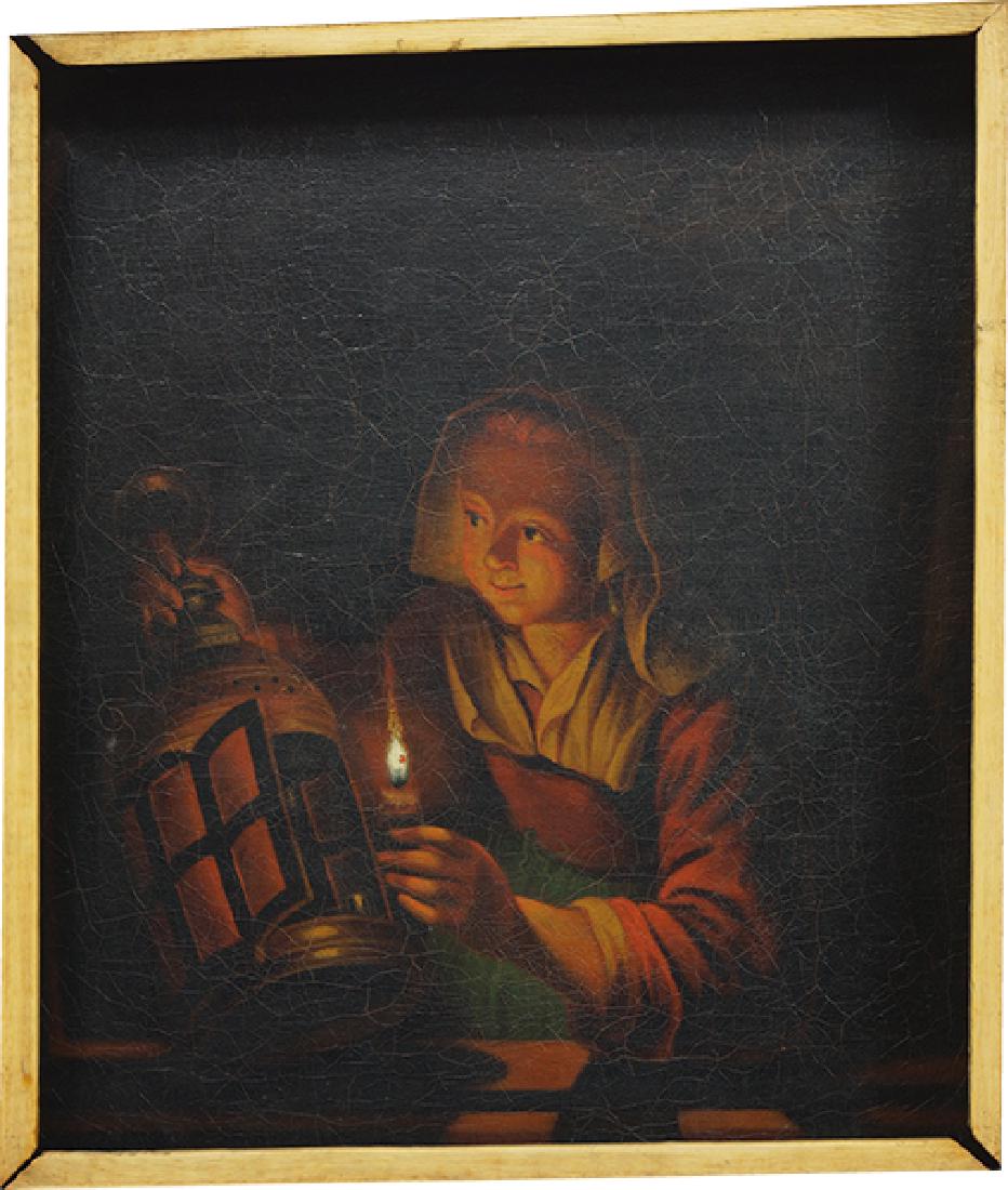 Artist Unknown (Dutch, 19th Century) A Lady Lighting a: Artist Unknown (Dutch, 19th Century) A Lady Lighting a Lantern. Oil on canvas 15" x 13" Frame: 19.25" x 17.25"