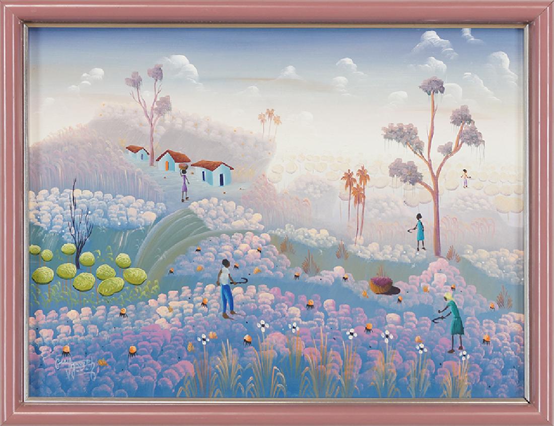 Guy Joseph (Haitian, B. 1957) Working in the Fields.: Guy Joseph (Haitian, B. 1957) Working in the Fields. Oil on masonite, signed lower left 12.25" x 16.25" Frame: 13.5" x 17.5"