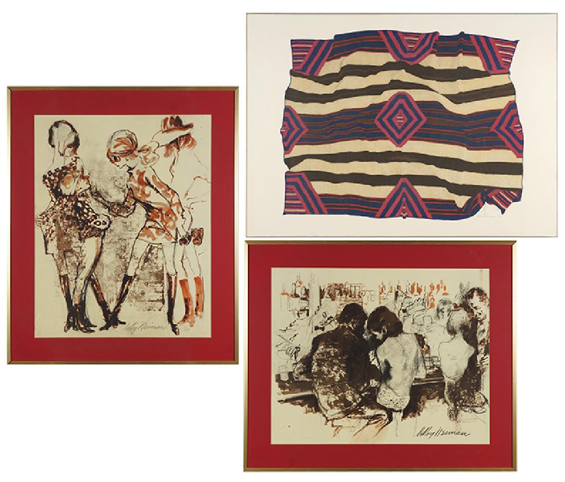 Jack Silverman (American, B. 1940) Third Phase Chief's: Jack Silverman (American, B. 1940) Third Phase Chief's Blanket. Color serigraph, pencil signed lower right, dated 1977 and numbered 71/95. Together with two reproductions of LeRoy Neiman drawings 25.2