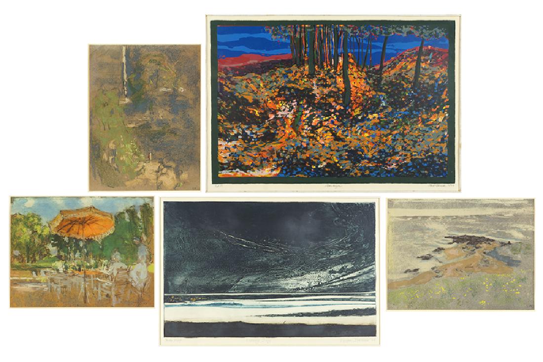 A Collection of Framed Items.: A Collection of Framed Items. Including 'Evening Song' an aquatint by Vivian Berman, pencil signed and dated '68; 'Barbizon' a color serigraph by Bob Click, pencil signed and dated 1966; and three rep