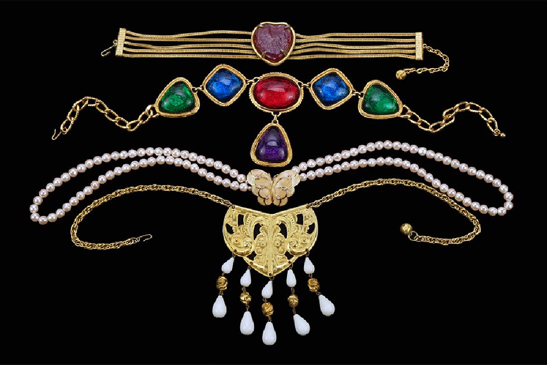 A Kenneth Jay Lane for Avon Necklace.: A Kenneth Jay Lane for Avon Necklace. Jewel tone necklace in green, blue, purple and pink stamped "KJL for Avon". Together with a KJL heart form choker, a Kenneth Lane gold tone metal and white drop n