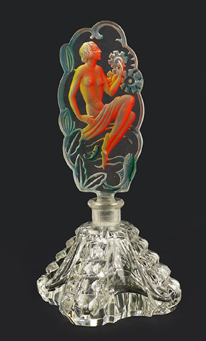 A 1930s Czechoslovakian Airbrushed Crystal Perfume: A 1930s Czechoslovakian Airbrushed Crystal Perfume Bottle. With an intaglio stopper and original airbrush patina. Marked Czechoslovakia Height: 7.5"