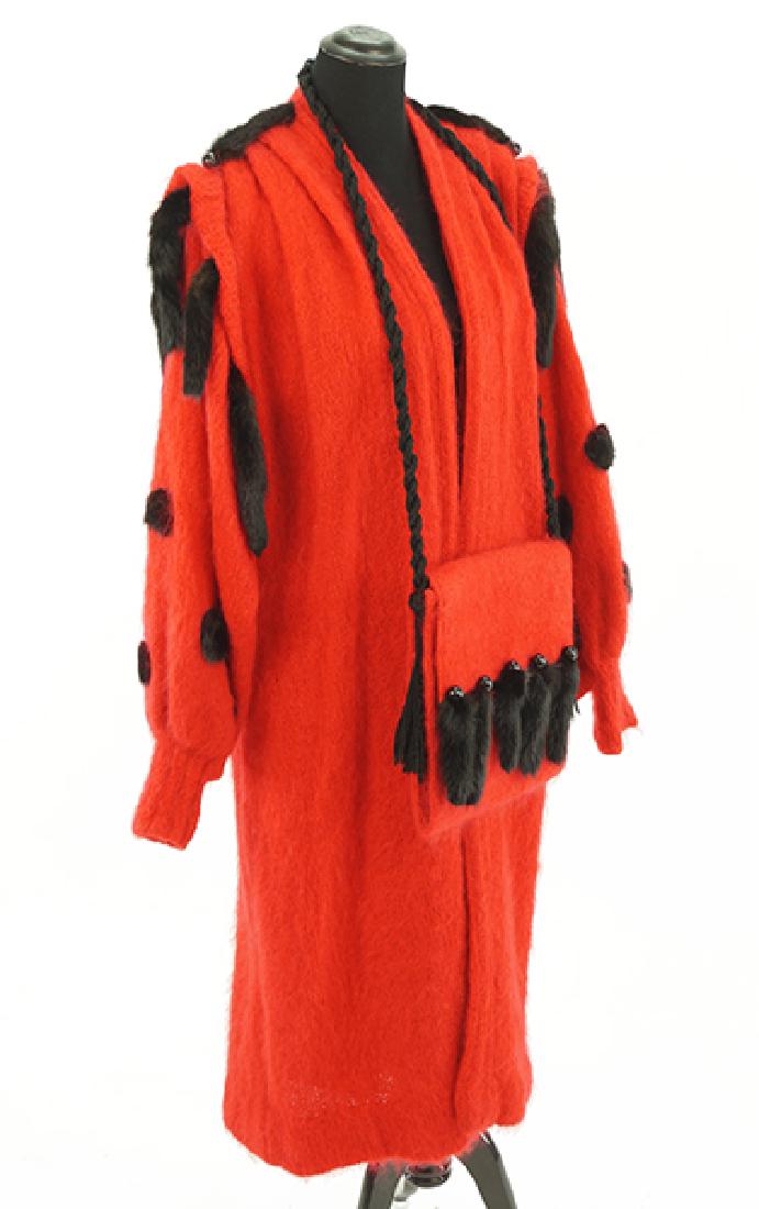 A Gini Pearl Ensemble.: A Gini Pearl Ensemble. Comprising a red mohair coat and handbag trimmed throughout with black mink Size Medium