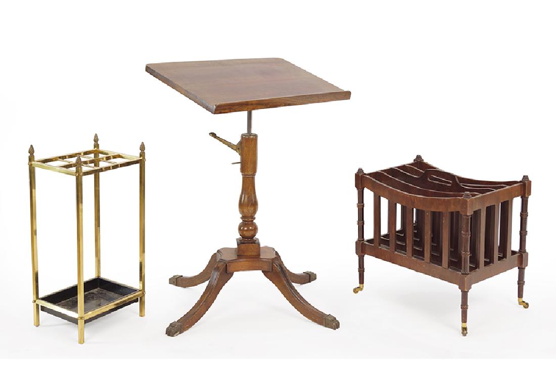 An Encyclopedia Stand.: An Encyclopedia Stand. Together with a brass umbrella stand and a mahogany veneer Canterbury Encyclopedia stand: 32" x 24" x 13"