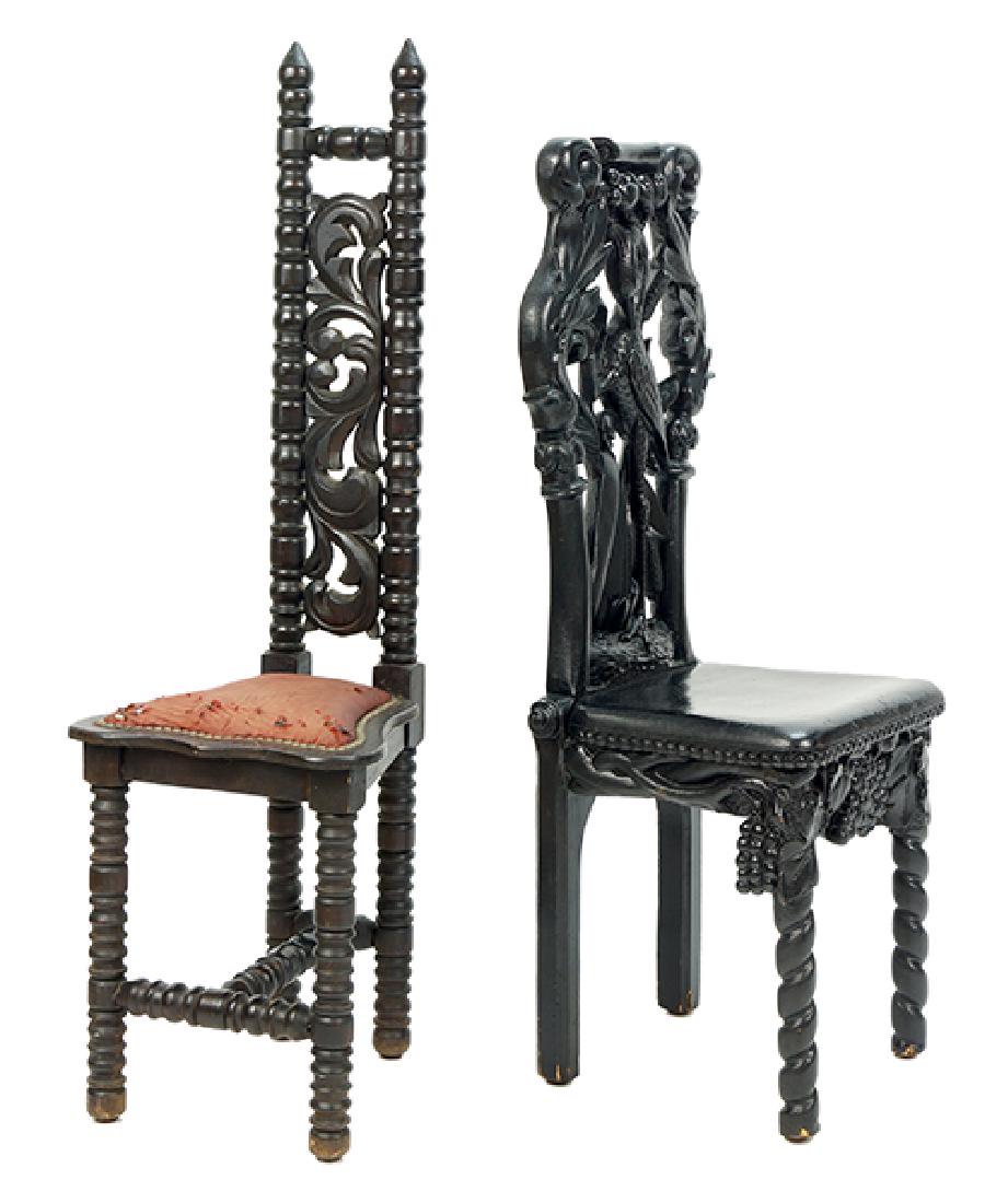 An Ebonized Wood Side Chair.: An Ebonized Wood Side Chair. Carved wood side chair is decorated with birds and foliage. Together with an ebonized wood side chair Taller back height: 43"