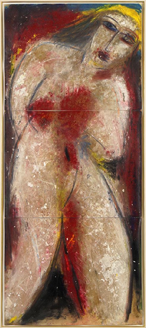 Jamali (Pakistani, B. 1944) Nude.: Jamali (Pakistani, B. 1944) Nude. Oil on three joined sheets of paper, signed lower right 26" x 60" Frame: 42.25" x 76.25"