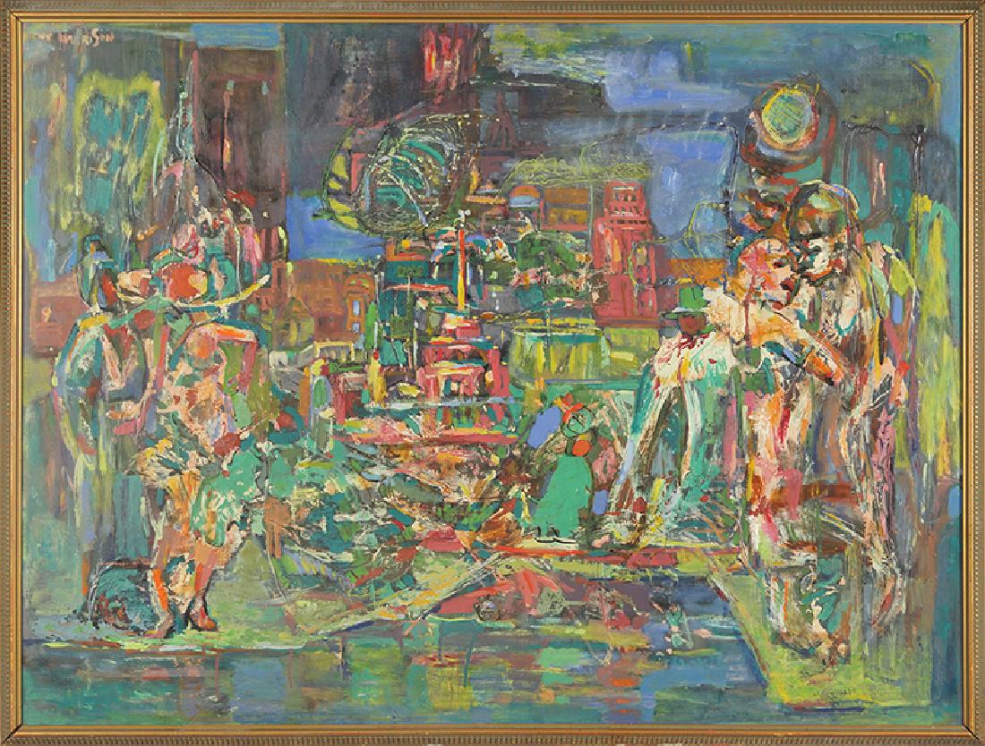 Eve Garrison (American, 1908-2003) Composition with: Eve Garrison (American, 1908-2003) Composition with Figures. Oil on masonite, signed upper left 36" x 48" Frame: 38.25" x 50.25"