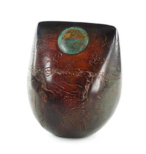 Peter Hayes (American, B. 1946) Title Unknown.: Peter Hayes (American, B. 1946) Title Unknown. Glazed pottery sculpture with an inset metal round plaque. Underside is signed and dated "Peter Hayes 2000" 8.5" x 7" x 5"