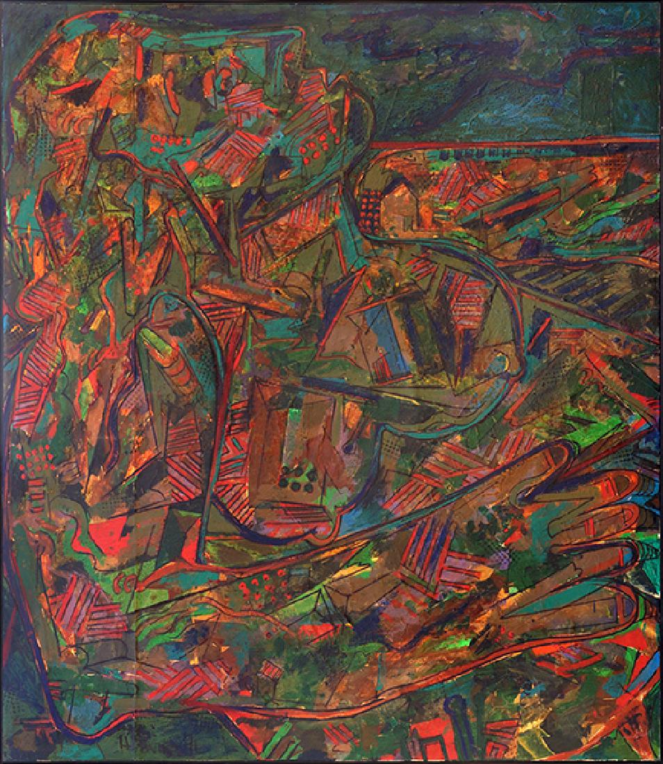 Harry Bouras (American, 1930-1990) Lorraine as Gaea: Harry Bouras (American, 1930-1990) Lorraine as Gaea Wakes Before the Dawn. Oil and collage on canvas, signed lower left and dated '76; also signed, titled, and dated '4-76' en verso 96" x 84.25" Frame