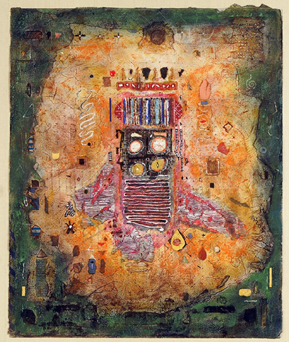 Bryan Harrington (American, 20th Century) Baal.: Bryan Harrington (American, 20th Century) Baal. Oil, ink, and collage on paper, dated to 1982. Provenance: Kathryn Markel Gallery, New York 17" x 14" Frame: 20.75" x 17.25"