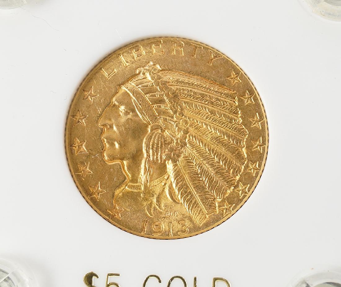 1913 $5 Indian Head Half Eagle Gold Coin. (1 of 3)