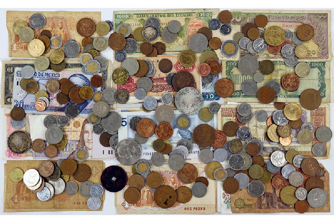 A Collection of Currency.: A Collection of Currency. Comprising coins and paper currency from Great Britain, Mexico, Ecuador, Belgium, Chile, France, Canada, Kenya, Austria, Italy, Portugal and others