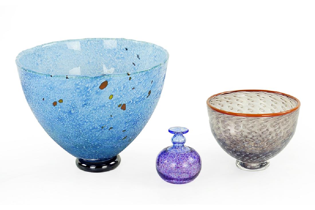 Three Bertil Vallien For Kosta Boda Glass Pieces.: Three Bertil Vallien For Kosta Boda Glass Pieces. Comprising two bowls and a cabinet vase, all signed Largest: 5.5" x 7"